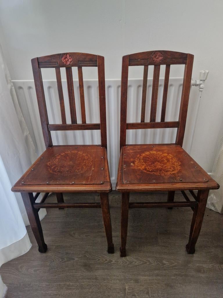 Set van 2 Jugendstil stoelen met inlegwerk, 1910-1930, Antiek en Kunst, Antiek | Meubels | Stoelen en Banken, Ophalen