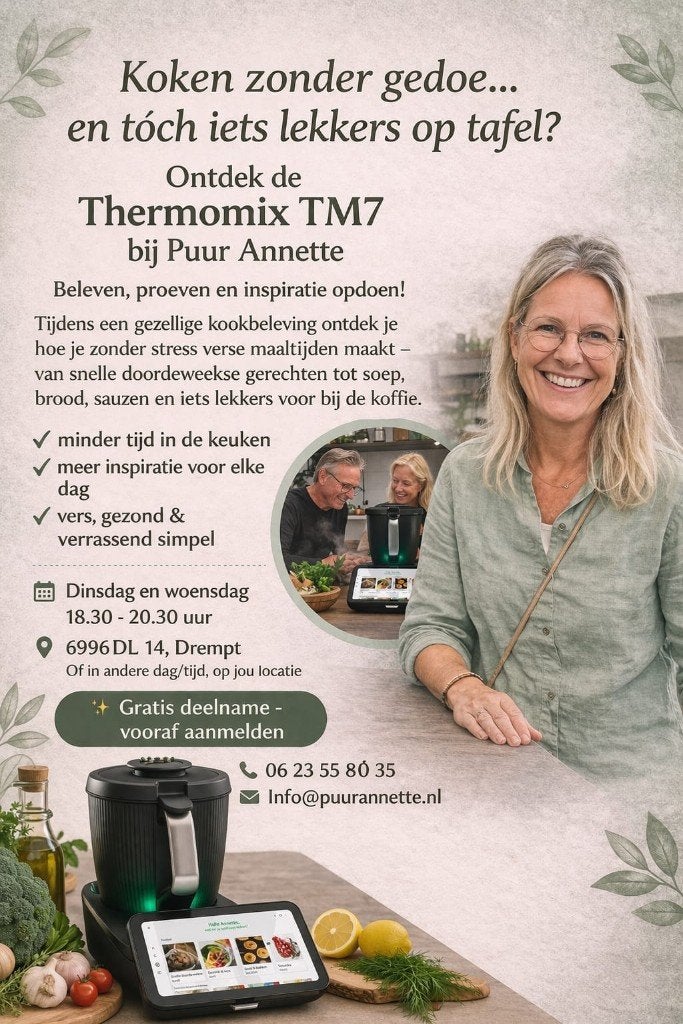Thermomix TM7 kookbeleving | Puur Annette Achterhoek, Witgoed en Apparatuur, Keukenmixers, Verzenden, Nieuw, 3 snelheden of meer