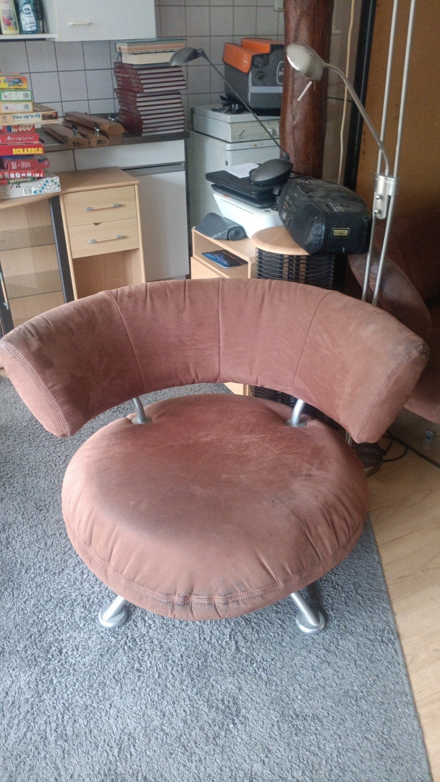 3-zits bank en 2 fauteuils - bruine stof, stalen poten, Gebruikt, Ophalen of Verzenden, Stof, 75 tot 100 cm