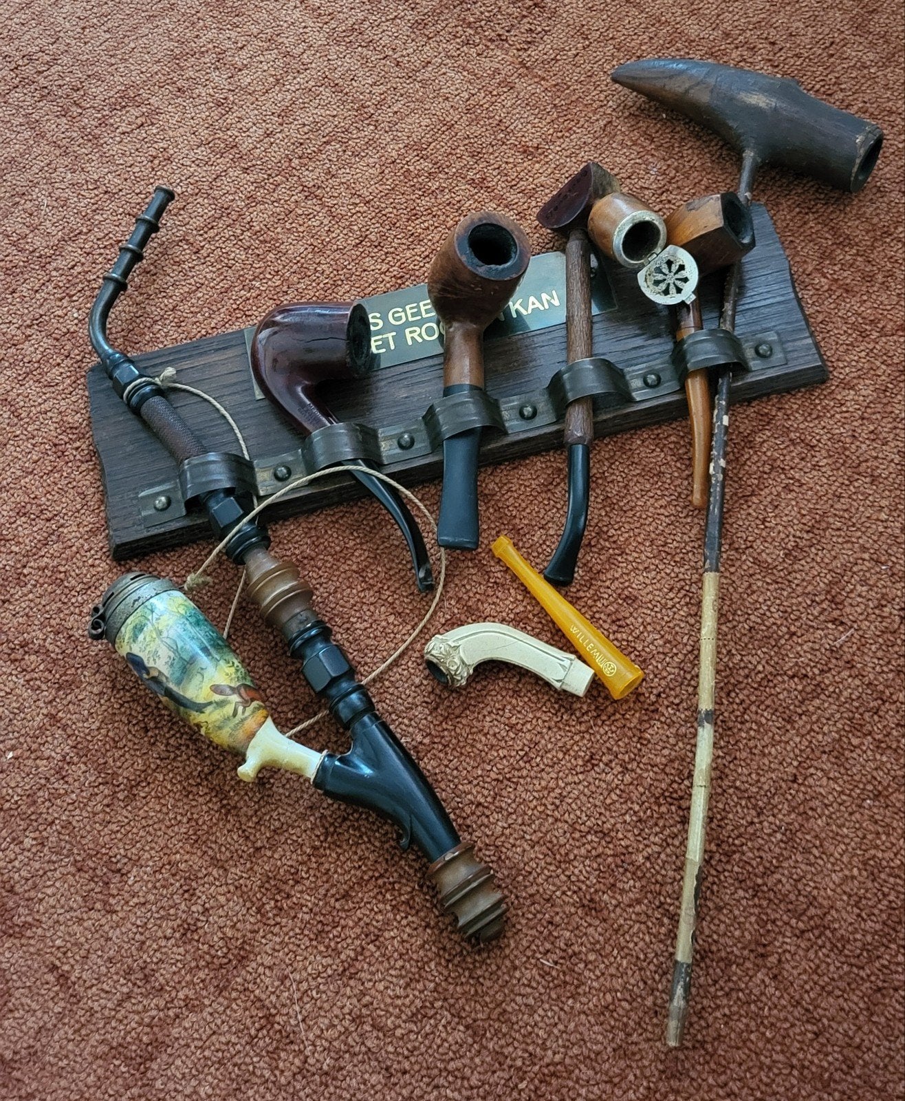 Antiek pijpenrekje met spreuk 6 pijpen/2 sigarettenpijpjes, Ophalen of Verzenden