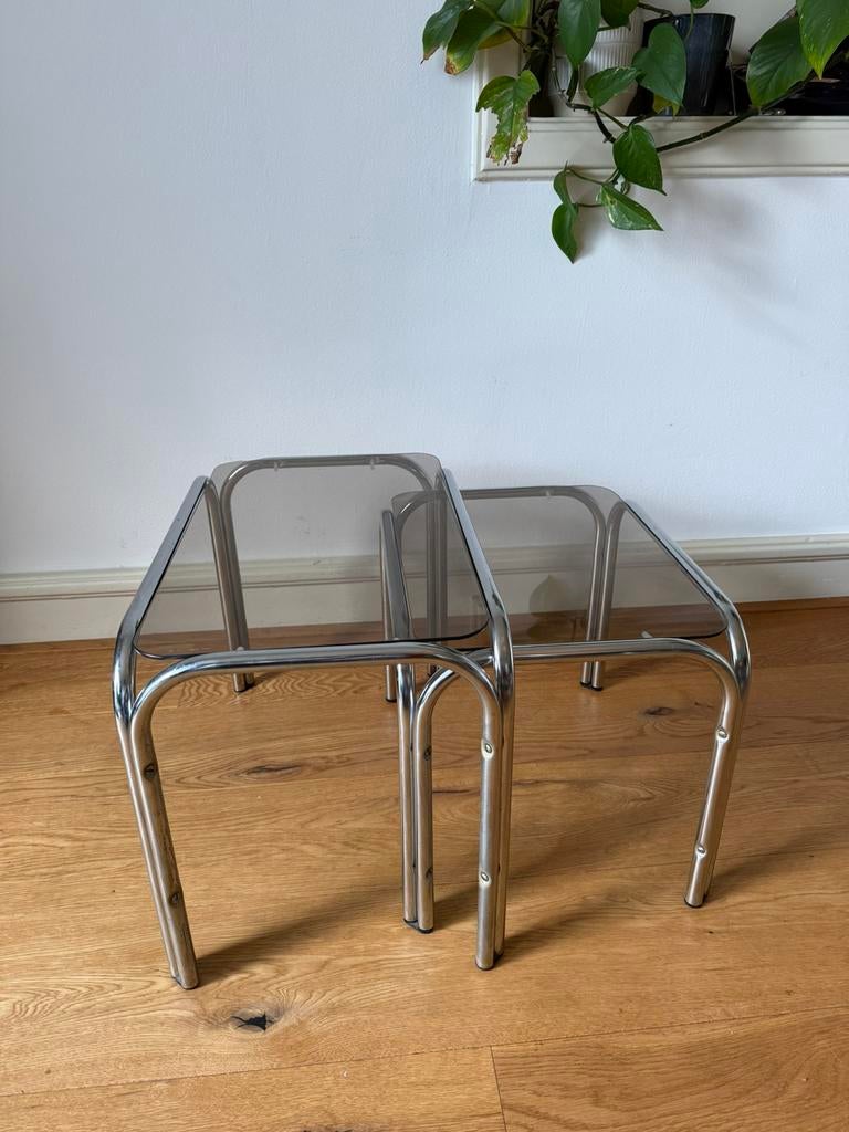 Vintage rookglas bijzettafels / chroom, Huis en Inrichting, Tafels | Bijzettafels, Ophalen, Minder dan 45 cm, Minder dan 55 cm