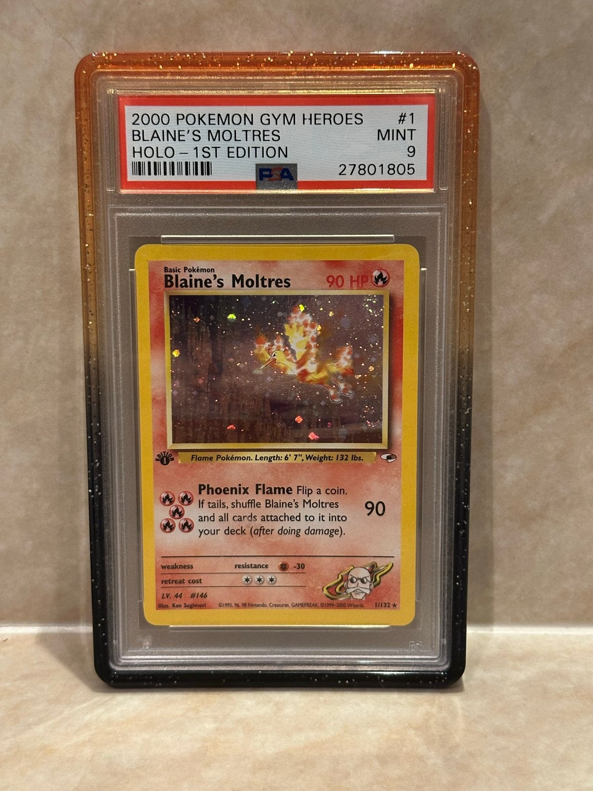 Blaine's Moltres 1st Edition PSA 9 #1 met 2 swirls, Ophalen of Verzenden, Zo goed als nieuw, Losse kaart, Foil