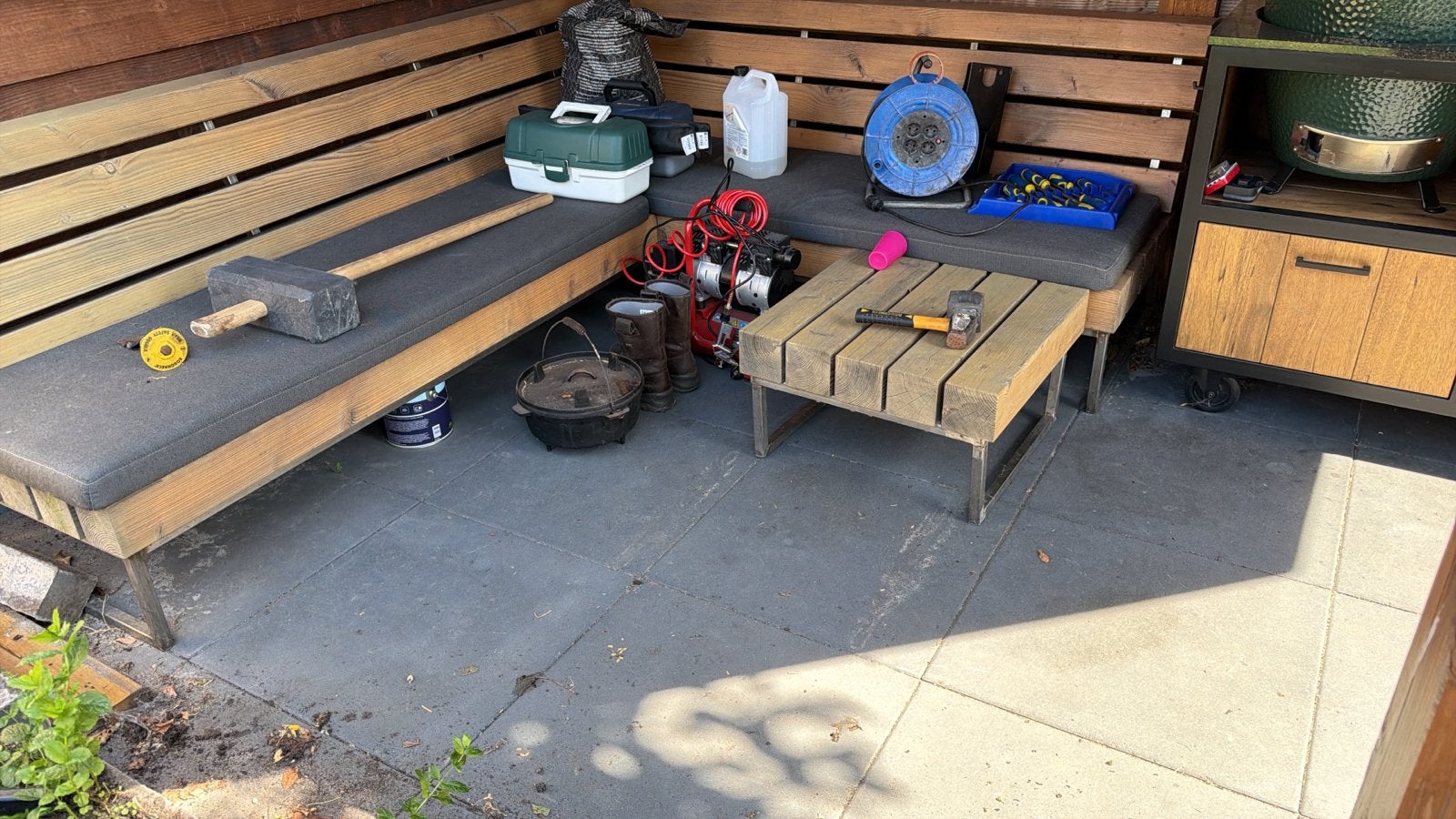Robuuste hoek tuinbank RVS en Douglas hout met kussens, Tuin en Terras, Ophalen, Gebruikt, Hout