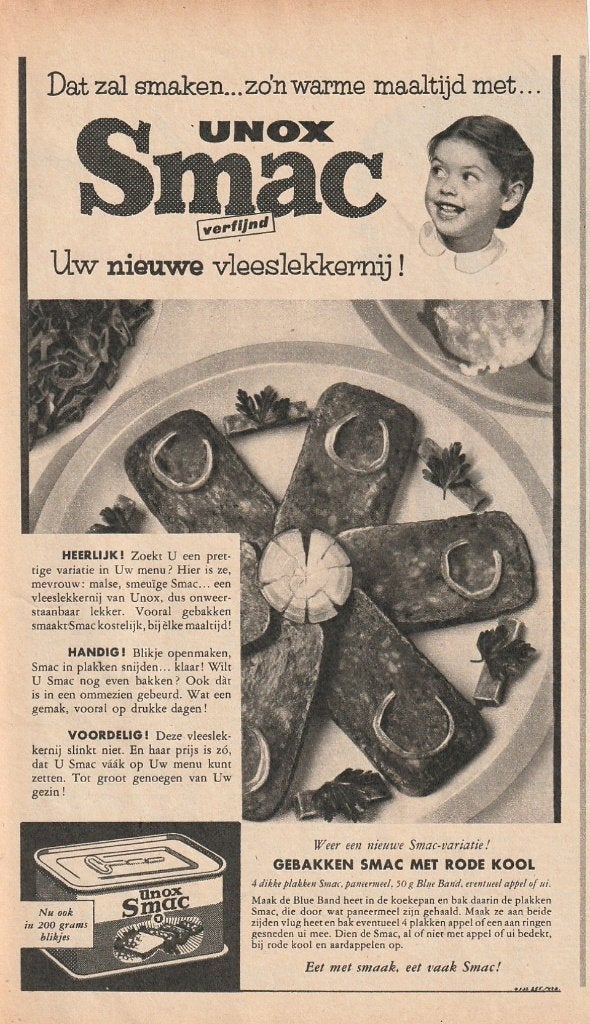 retro reclame 1956 Unox Smac vlees met rode kool, Verzenden, Overige typen