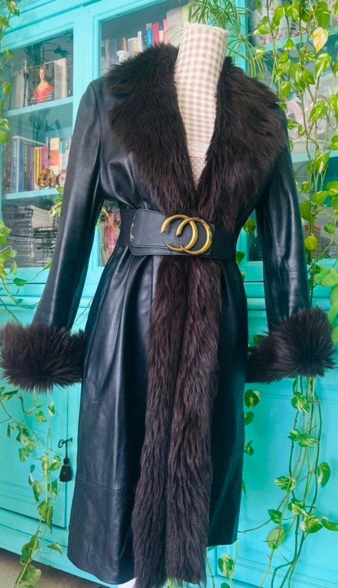 Vintage Leren penny lane Jas met Bont Maat M, Ophalen of Verzenden, Gedragen, Maat 38/40 (M), Zwart