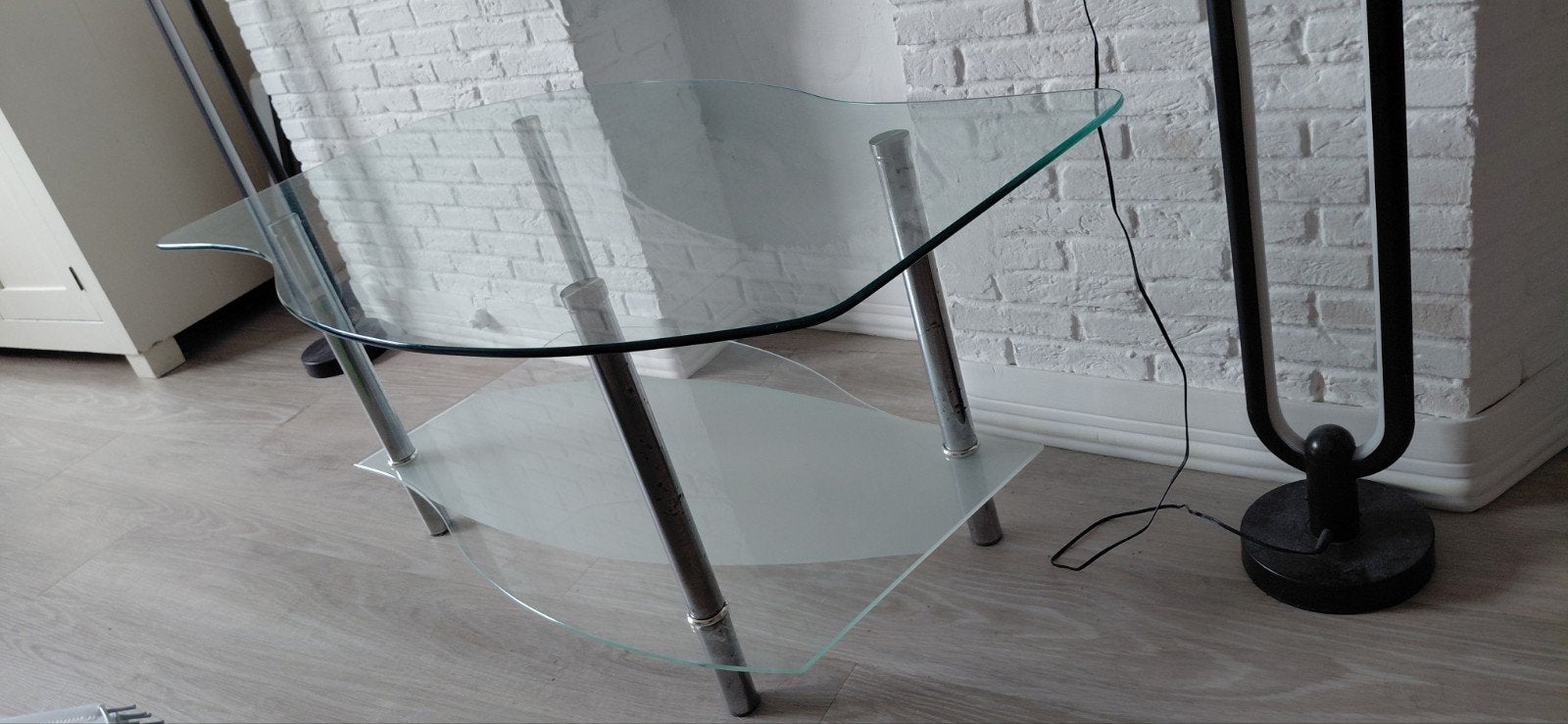 Glazen salontafel met 2 niveaus - Gebruikt, goede staat, Huis en Inrichting, Ophalen of Verzenden, Gebruikt, Overige vormen, Glas