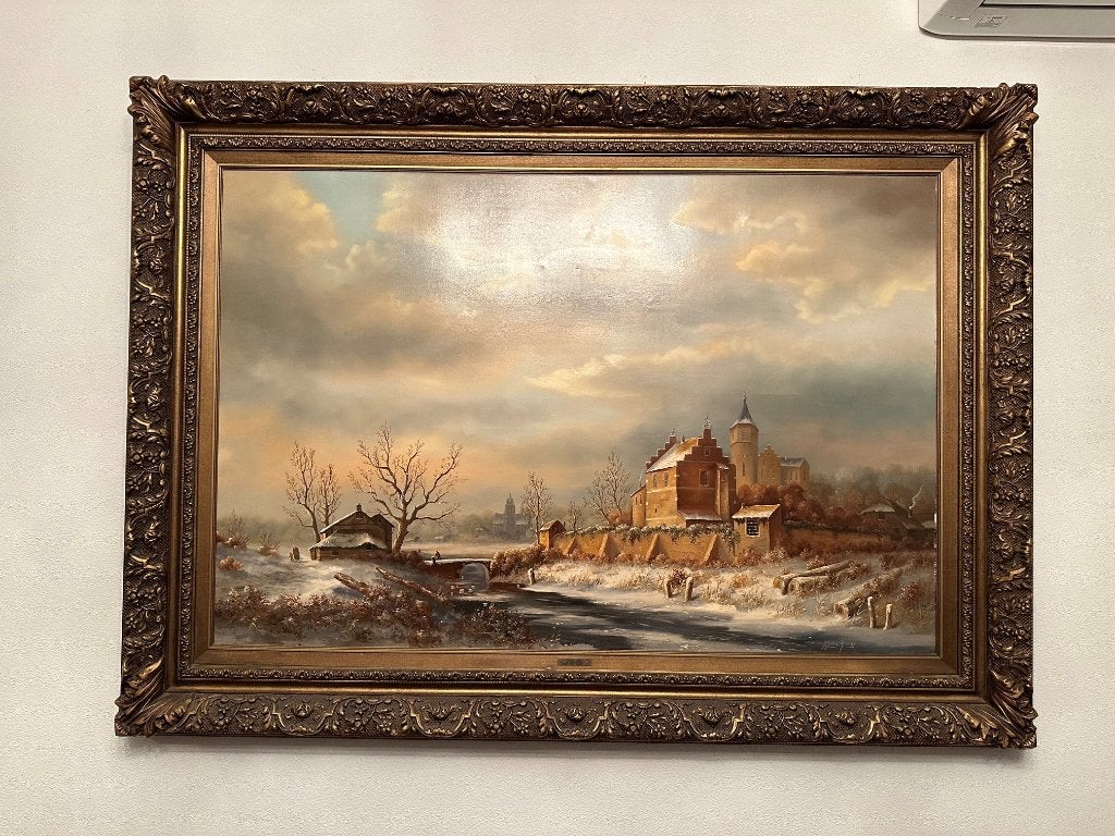 Enorm ondertekend schilderij (winterlandschap), Ophalen, Doek, Olieverf, Klassiek
