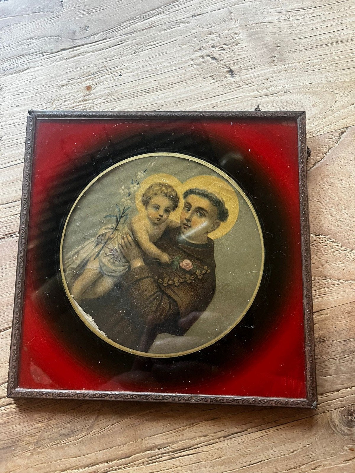 Antiek religieus glazen schilderij Sint Antonius met kind, Antiek en Kunst, Antiek | Religie, Ophalen