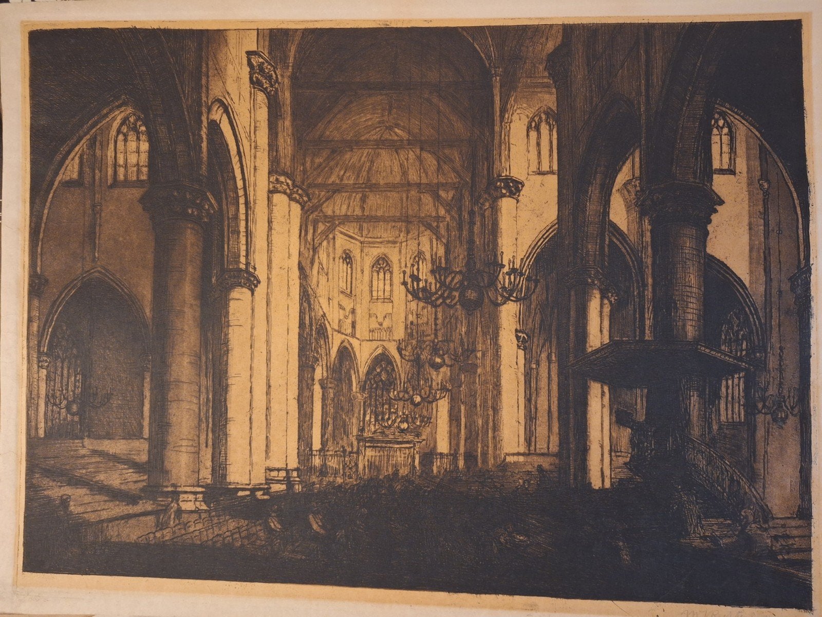 - Ets van een gotische kerk door Richters, Antiek en Kunst, Ets, Architectuur, Ophalen of Verzenden, Origineel