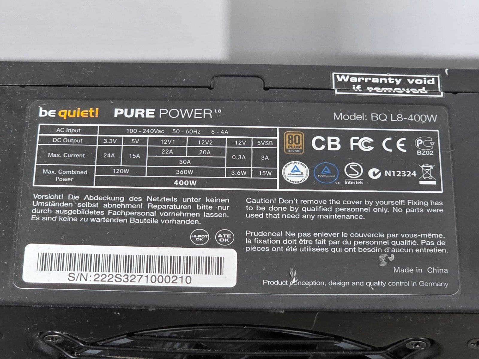 Be quiet 400w max voeding psu power supply bq l8-400w, Gebruikt, ., Ophalen of Verzenden, .