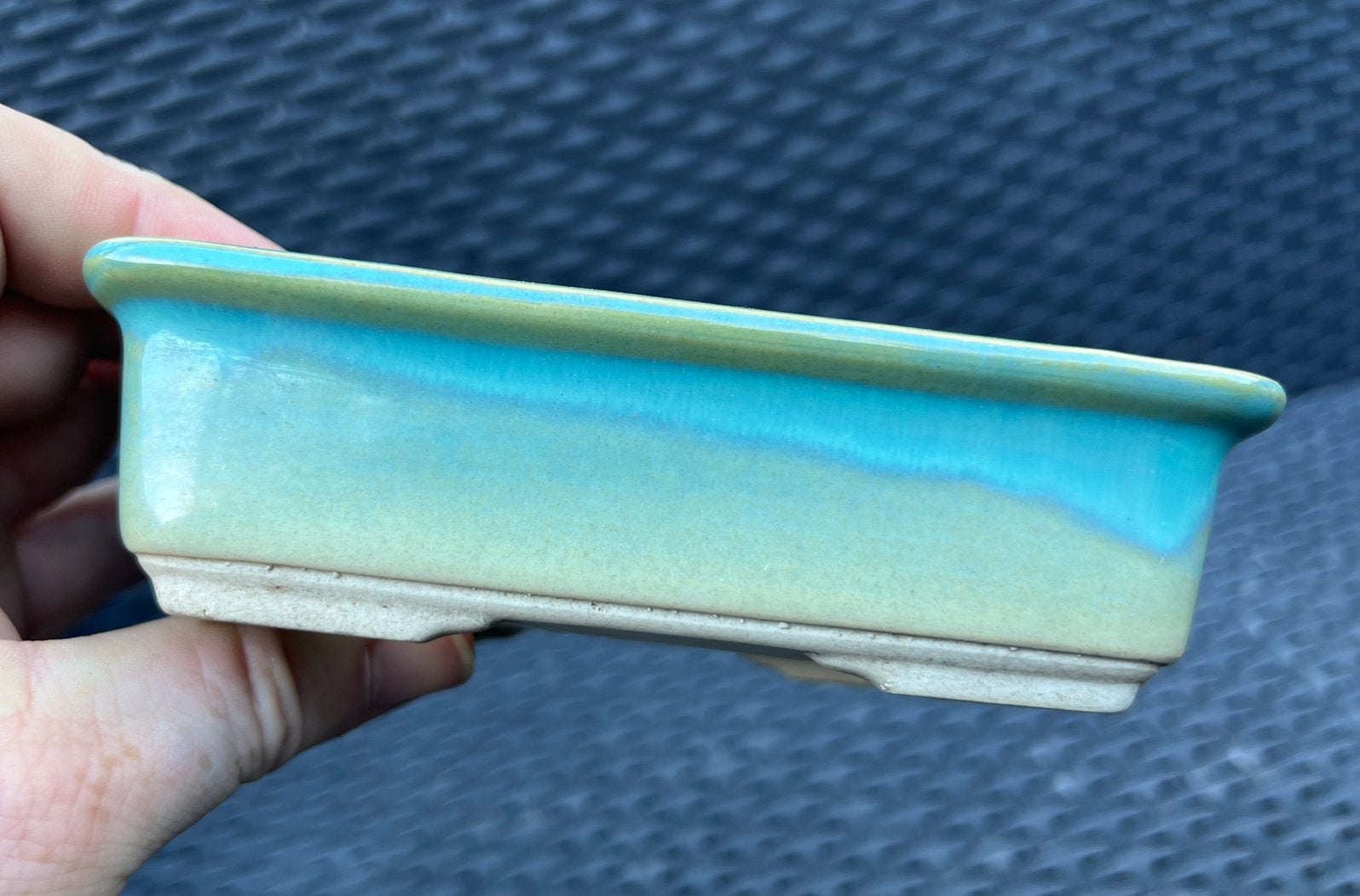 Bonsai schaal Turquoise geglazuurd Japans 14,7x10,7x4,2, Ophalen of Verzenden, Zo goed als nieuw, Aardewerk, Rechthoekig