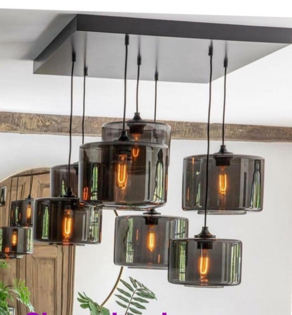 Nilo Interior Smokeglas Hanglamp - 7 Lichtpunten, Ophalen, Modern, Industrieel, Sfeervol, Zo goed als nieuw, Glas