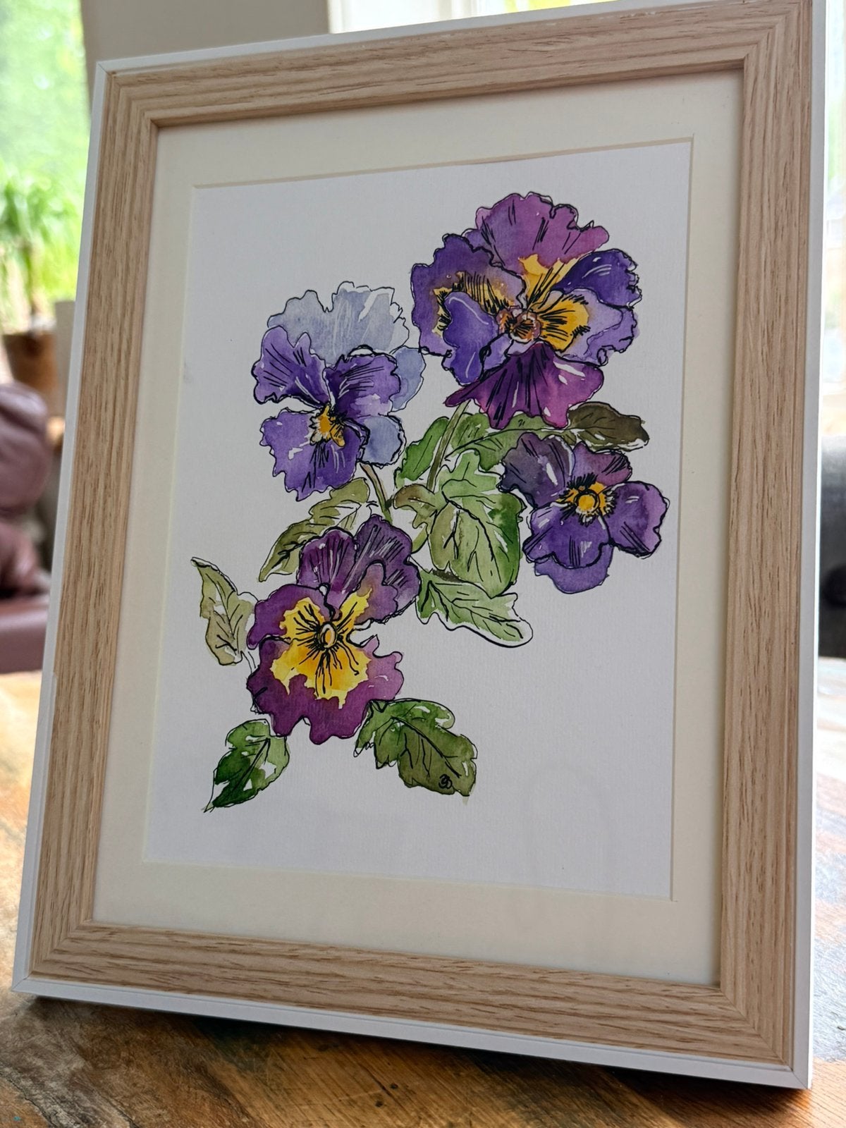 Paarse Viooltjes schilderij /aquarel in lijst, Verzenden, Zo goed als nieuw, Minder dan 50 cm, Schilderij