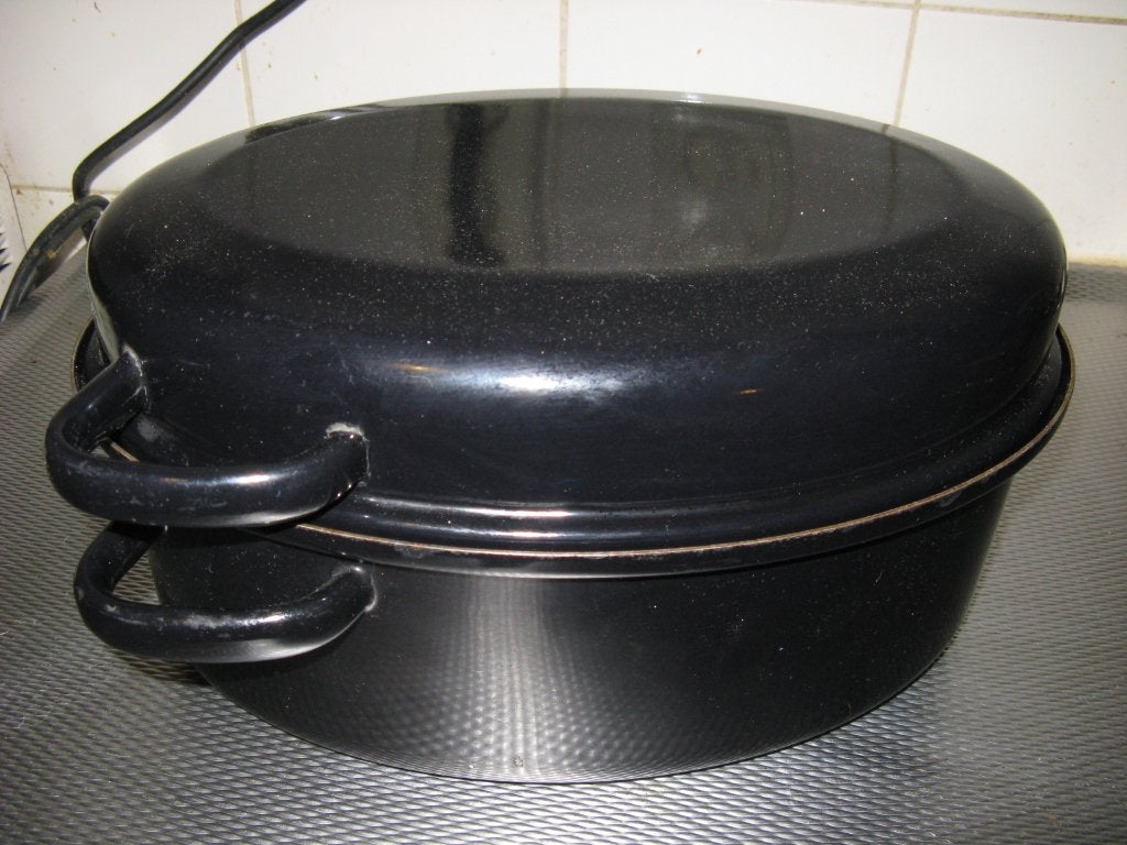Wildbraadpan emaille ovaal zwart 34 cm, Gebruikt, Braadpan, Ophalen of Verzenden, Met deksel