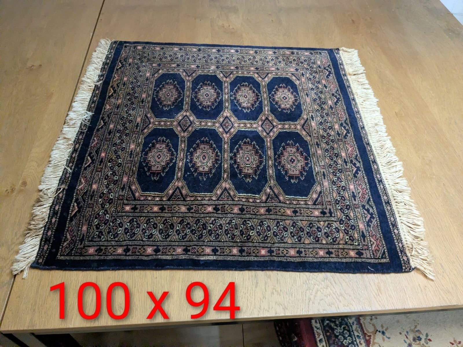Handgeknoopt Pakistaans tapijt 100x94 cm, Gebruikt, Blauw, Rechthoekig, 50 tot 100 cm