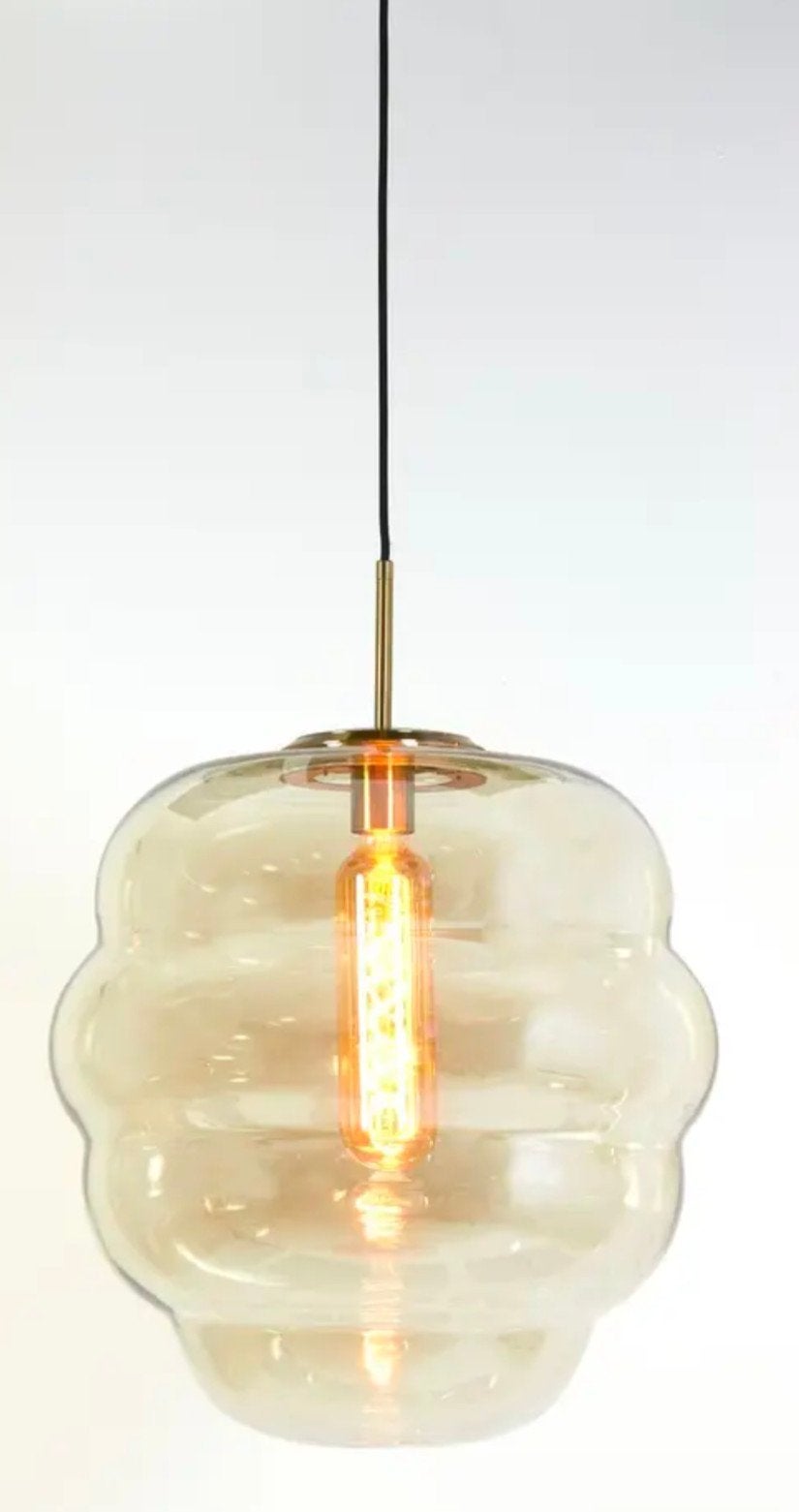 Design hanglamp rookglas/goud - Bijenkorf, Huis en Inrichting, Ophalen of Verzenden, Zo goed als nieuw, Glas, Modern, Design, Scandinavisch