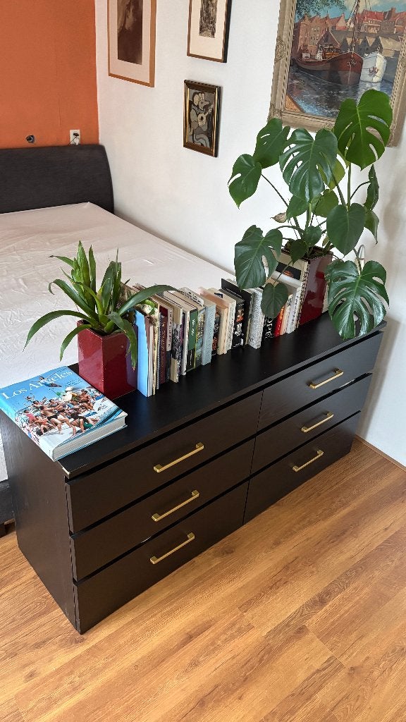 IKEA Malm ladekast 6 laden in zwartbruin koperen handgrepen, Ophalen, Gebruikt, 5 laden of meer, 150 tot 200 cm