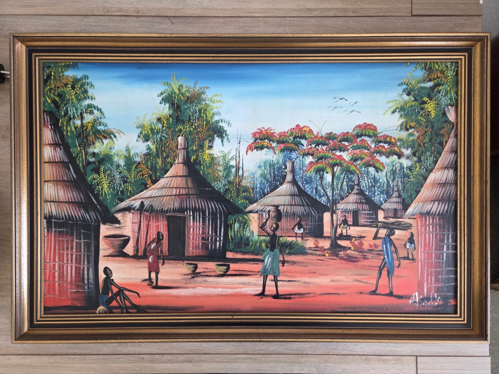 Afrikaans schilderij met dorpsgezicht en figuren, Ophalen, Schilderij, Afrika, Ingelijst
