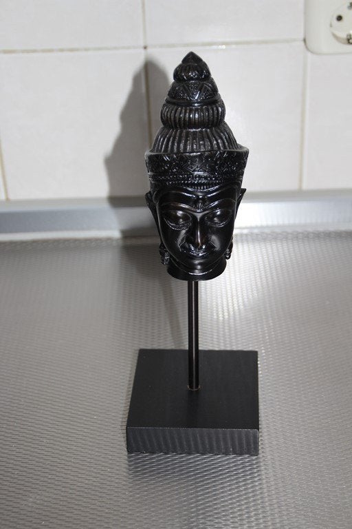metalen buddha kop op voet 29cm, Verzamelen, Beelden en Beeldjes, Ophalen of Verzenden, Zo goed als nieuw, Religie