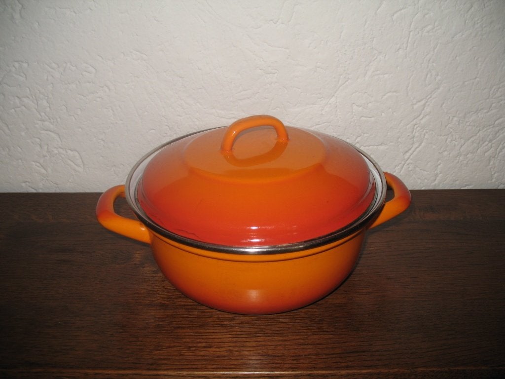 Oranje Kleine Emaille Pan met Deksel, Gebruikt, Ophalen of Verzenden, Kookpan, Met deksel