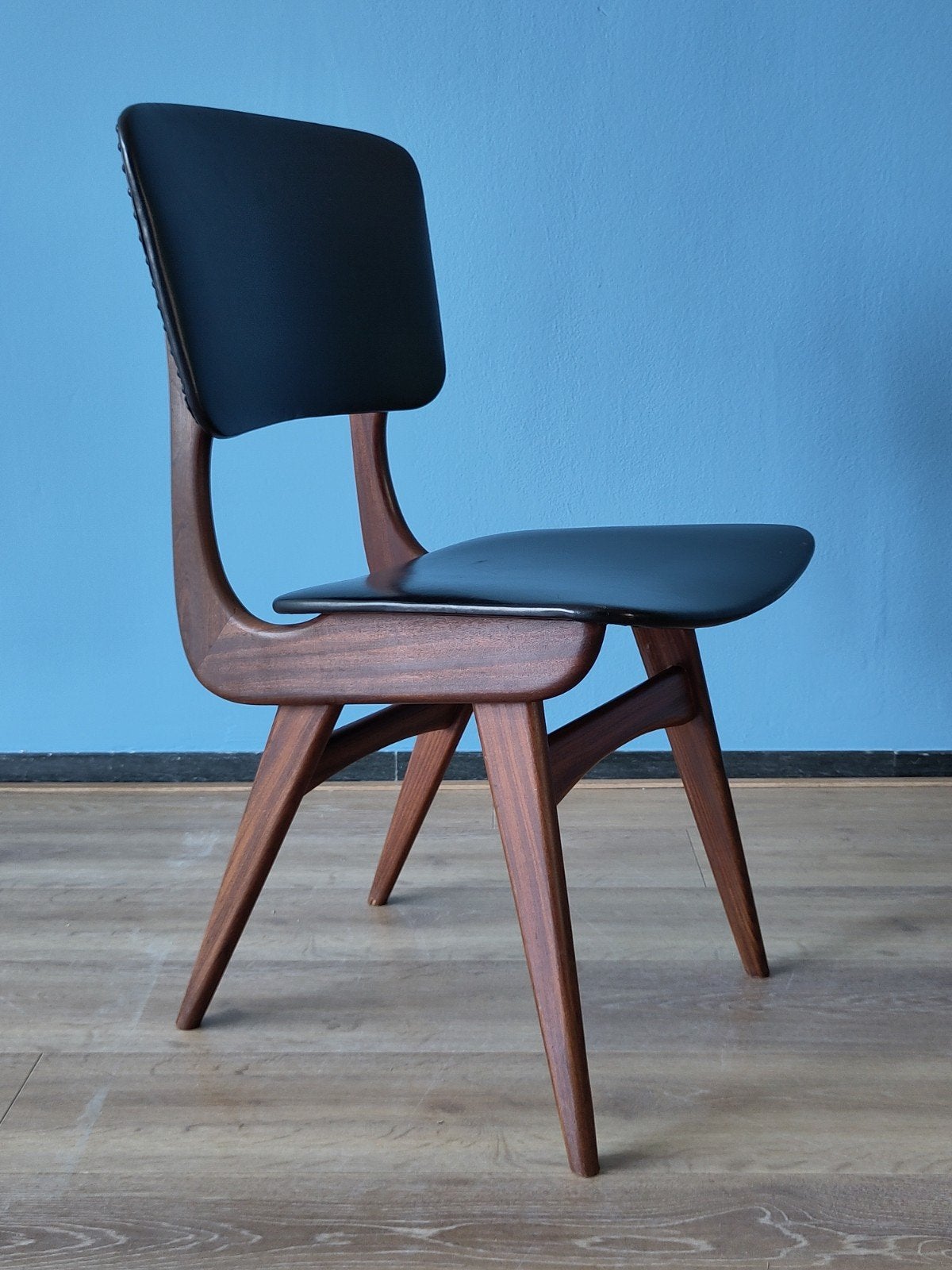 Vintage teak houten stoel Louis van Teeffelen eetkamertoel, Leer, Gebruikt, Mid century modern dutch design, .