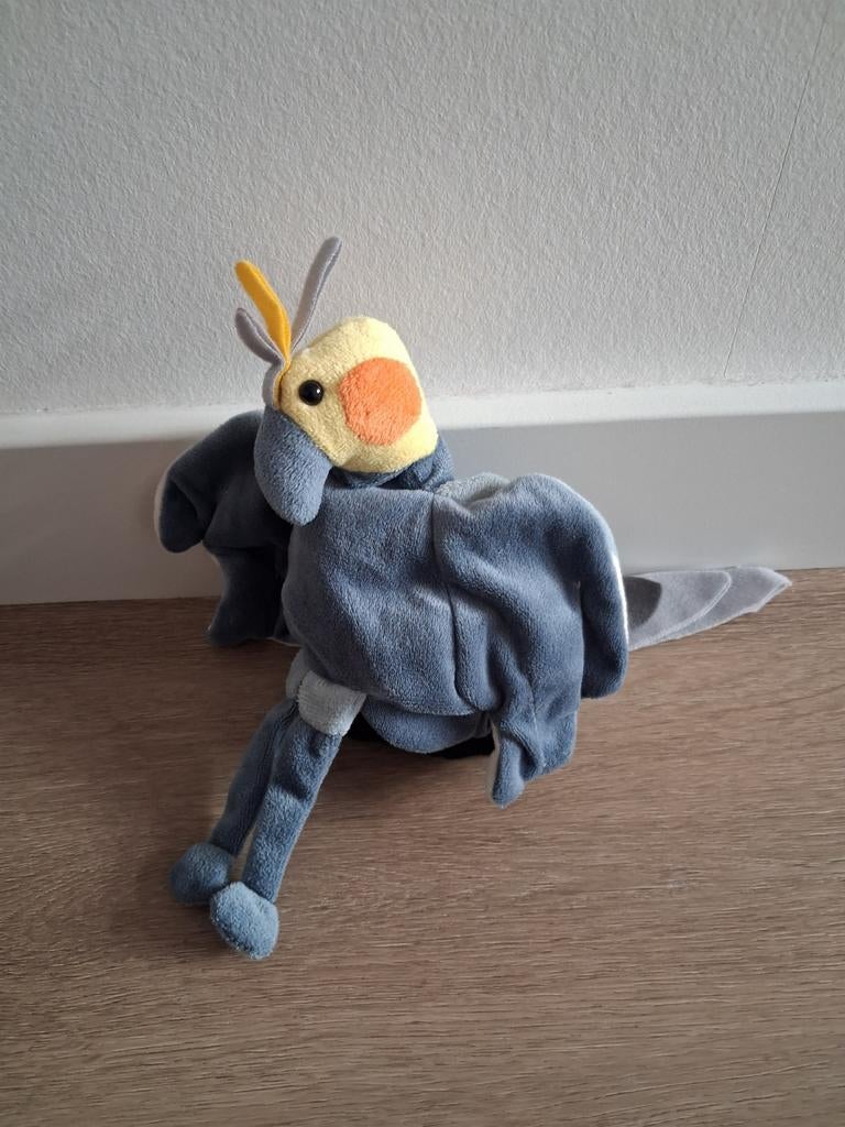 Handpop knuffel Beleduc valkparkiet vogel grijs geel L350, Ophalen of Verzenden, Zo goed als nieuw, Overige typen