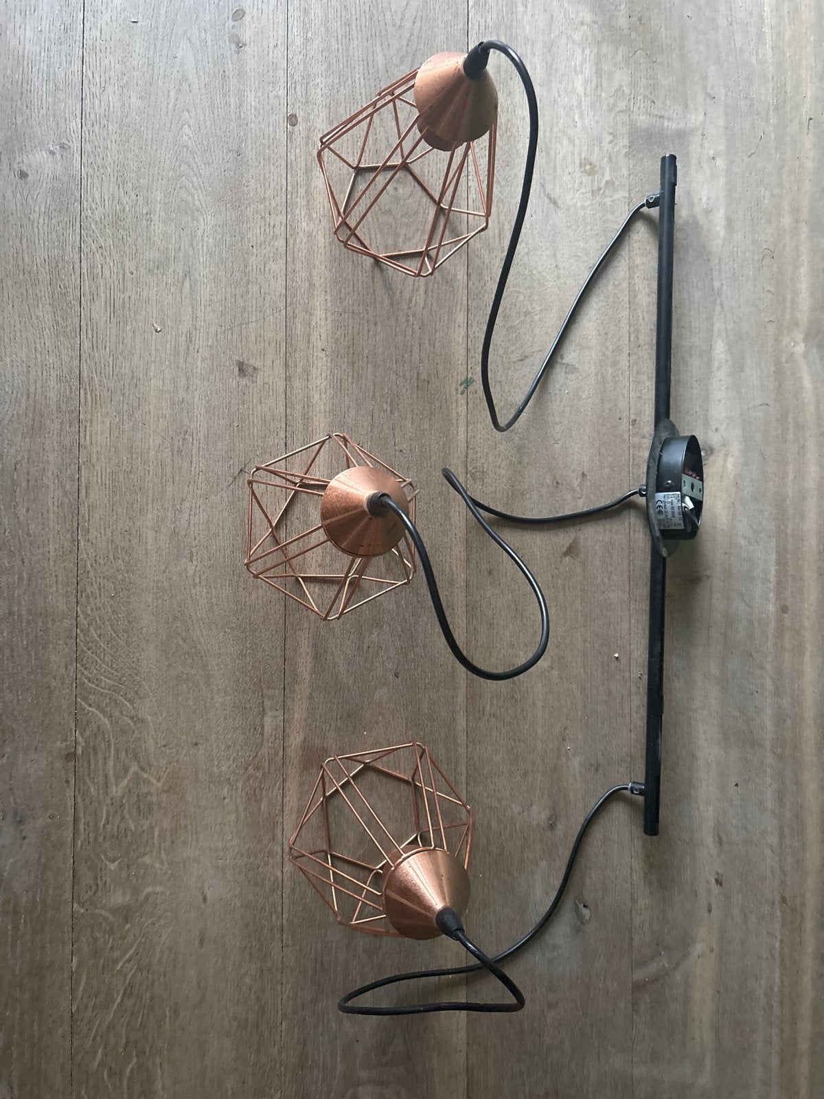 Koperkleurige hanglampen met geometrisch design, Ophalen, Gebruikt, Metaal, E27 (groot)