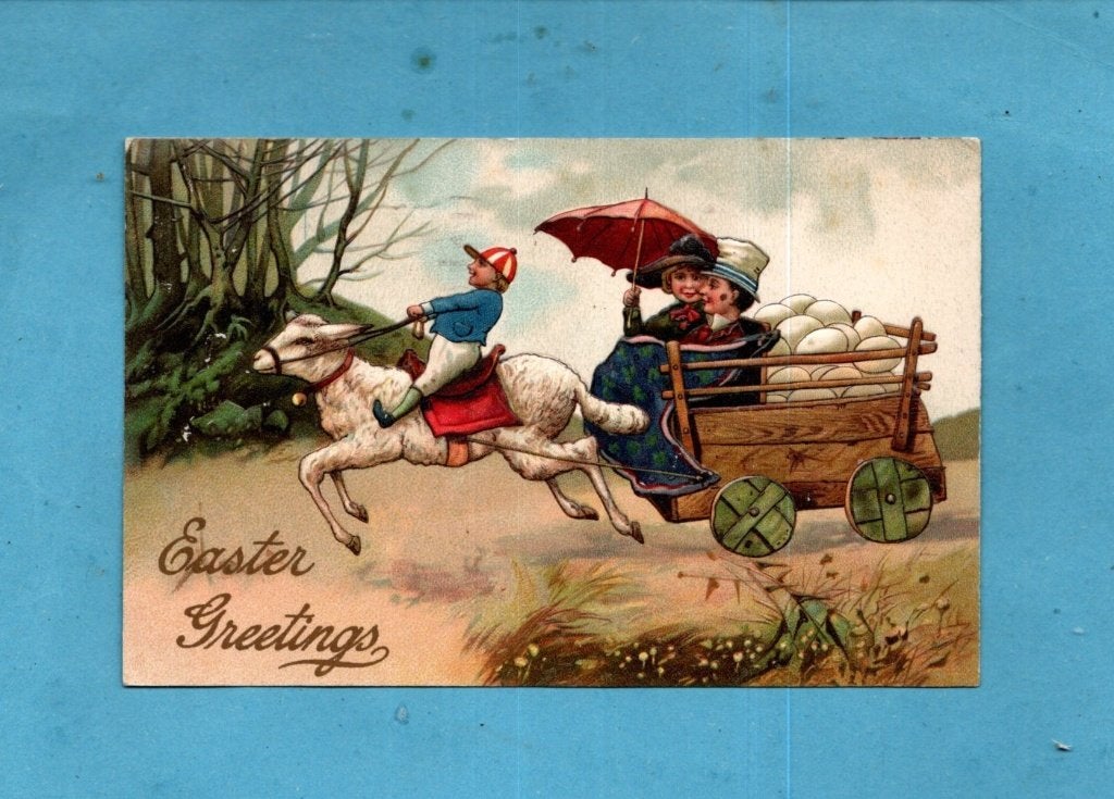 Oude paaskaart/reliéf W133 - Lammetje/kinderen/eierkar 1909, Ophalen of Verzenden, Voor 1920, Gelopen, Feest(dag)