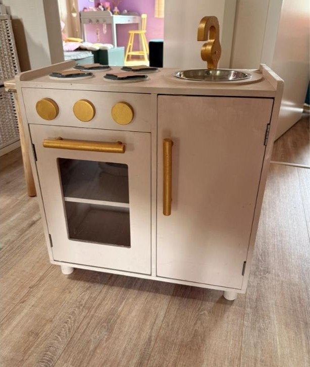 Houten speelkeuken kinderkeuken roze met gouden details, Ophalen, Gebruikt, Hout, Speelkeuken