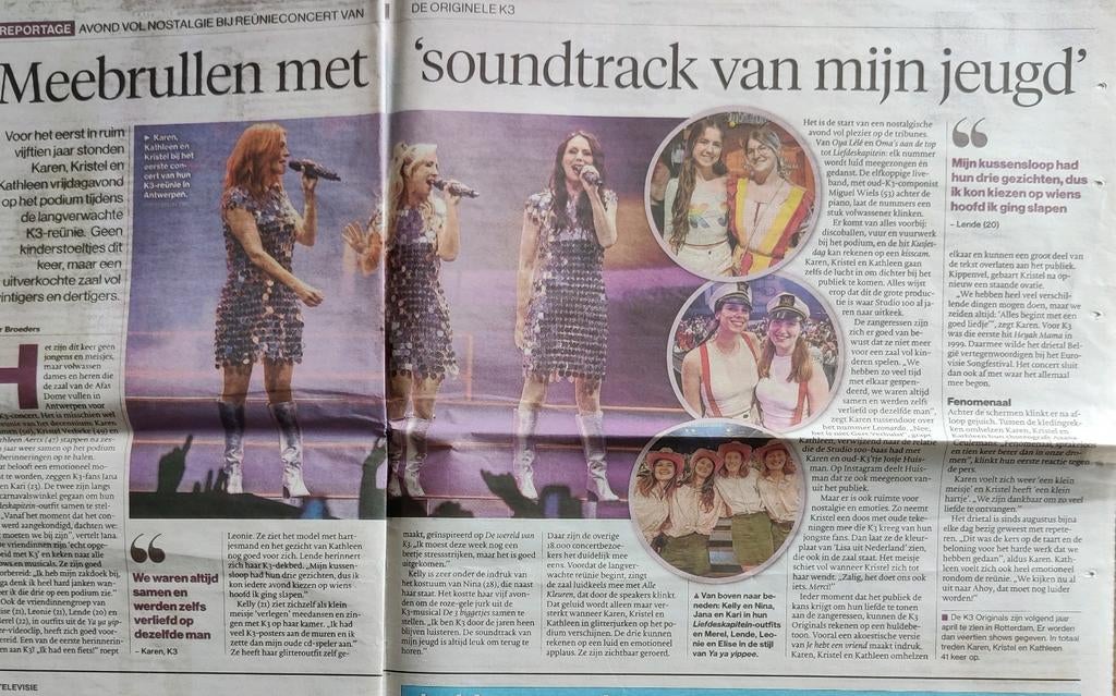 Reünie concert vd originele K3. Krantenartikel, Ophalen of Verzenden, 1980 tot heden, Knipsel(s)