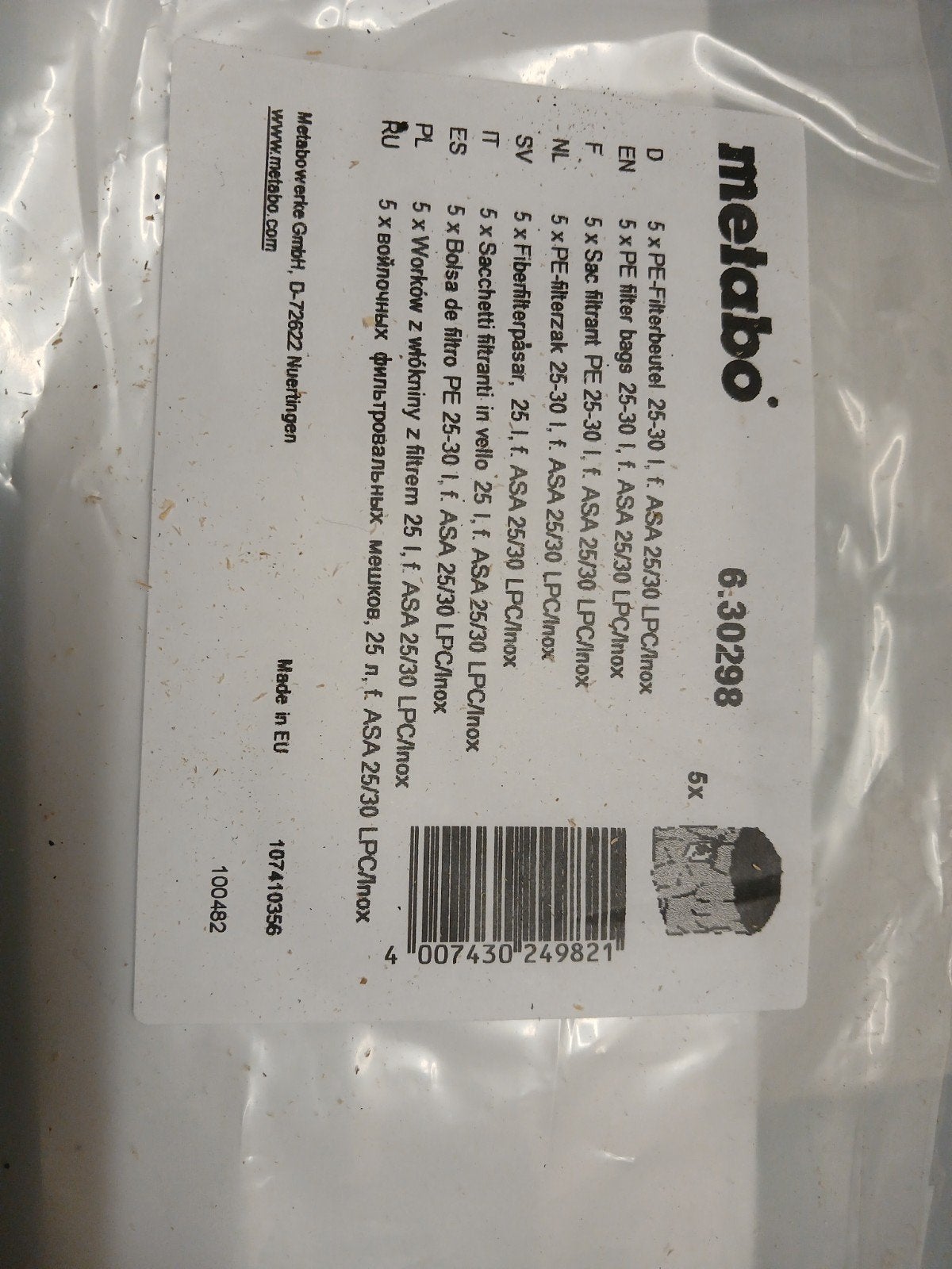 Metabo filterzakken 25-30L ASA 25-30 (5 stuks), Ophalen of Verzenden, Nieuw, Overige typen