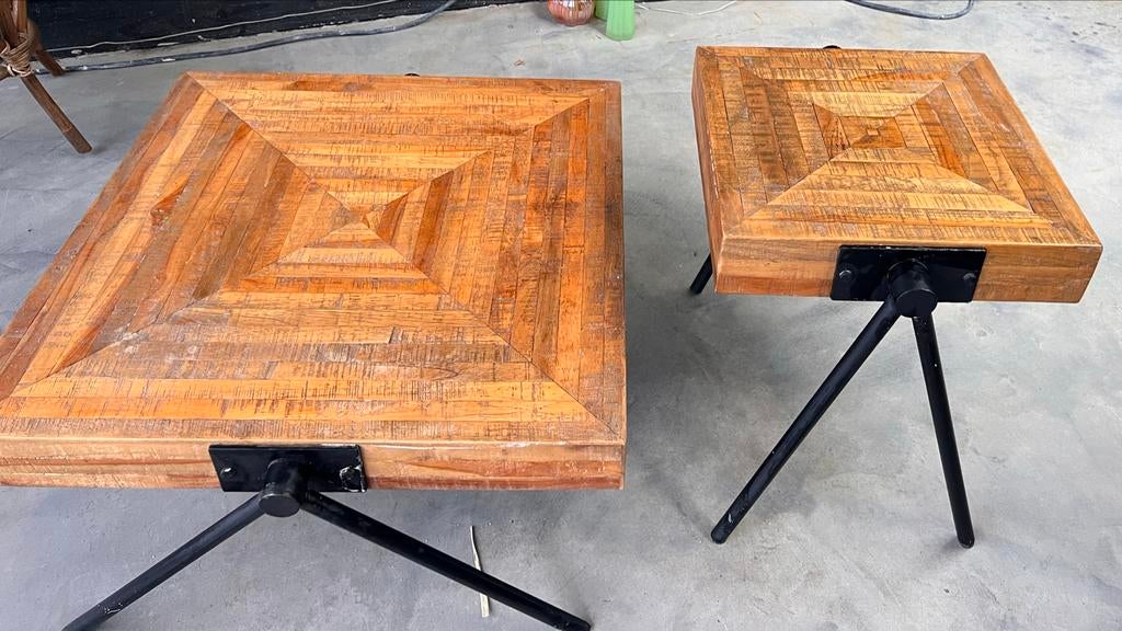 Salontafel en bijzettafel van hout en metaal, Ophalen, Gebruikt, Vierkant, 50 tot 100 cm