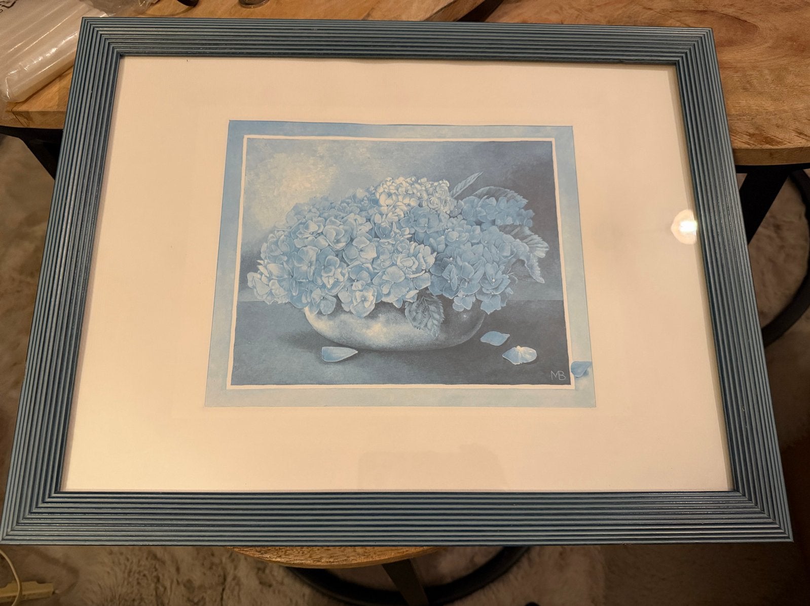 Ingelijste kunstprint: blauwe Hortensia's (45x35cm) van MB, Ophalen of Verzenden