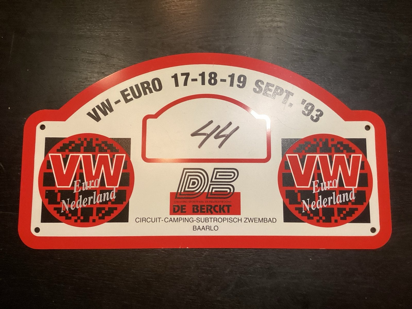 VW-Euro Nederland 1993 Rallyschild - Baarlo - Startnummer 44, Ophalen of Verzenden, Gebruikt, Auto's