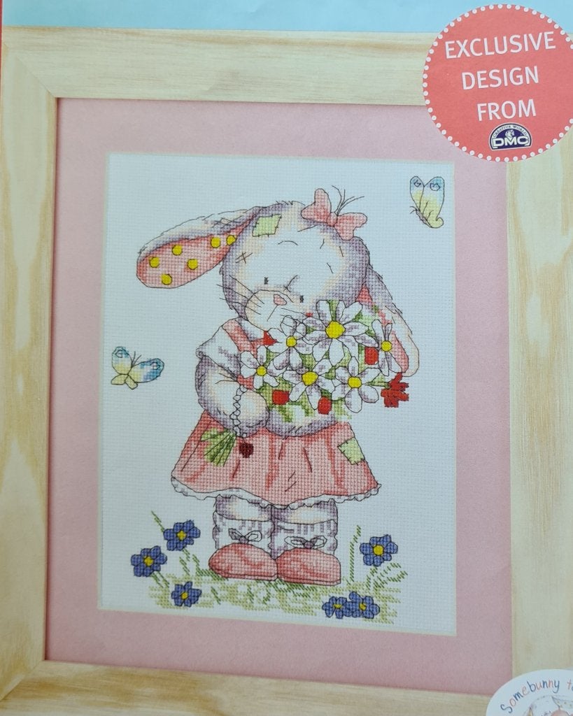 Somebunny konijn met bos bloemen in de tuin borduurpatroon, Ophalen, Nieuw, Handborduren, Patroon