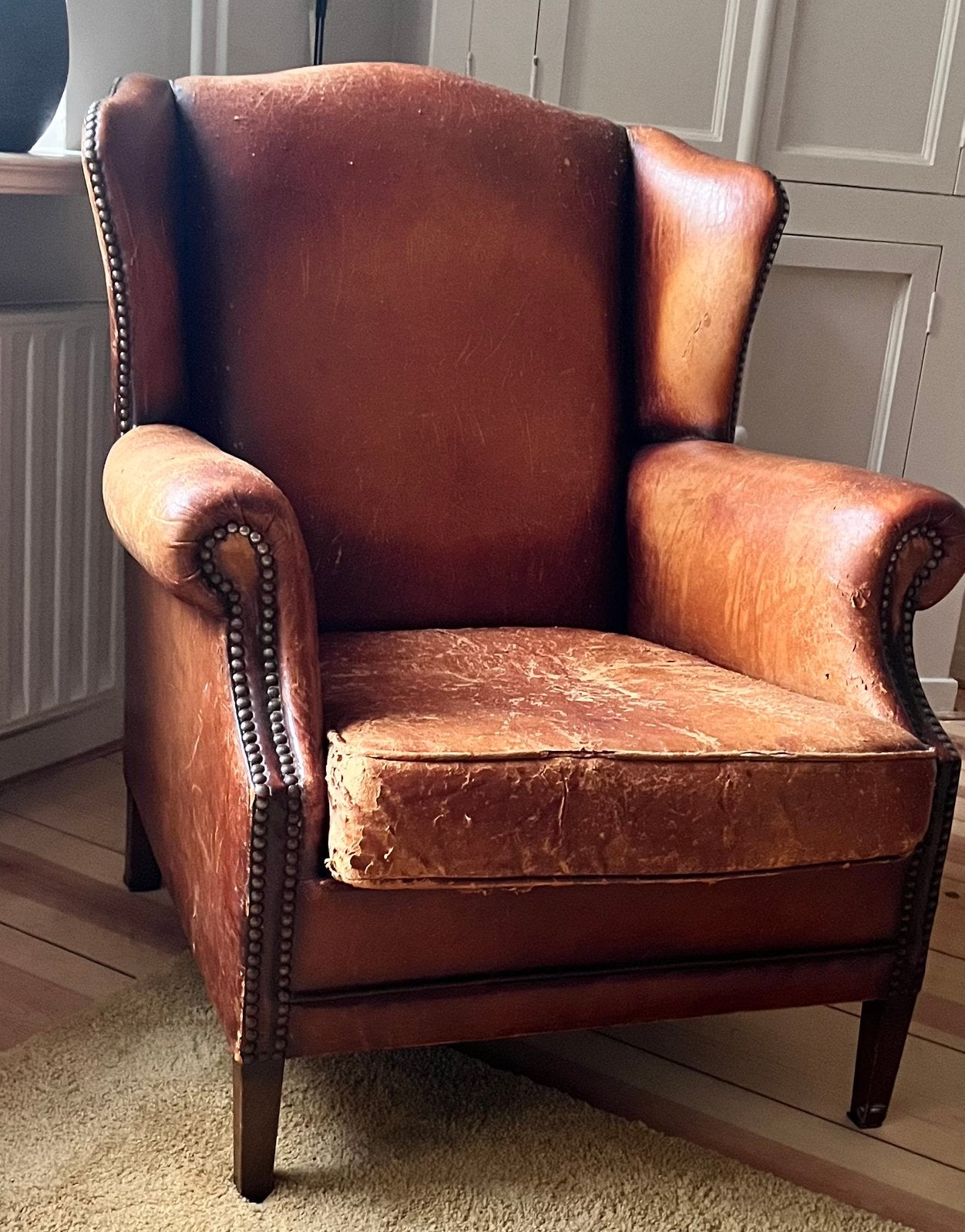 Vintage leren stoel, Ophalen, Gebruikt, 50 tot 75 cm, Leer