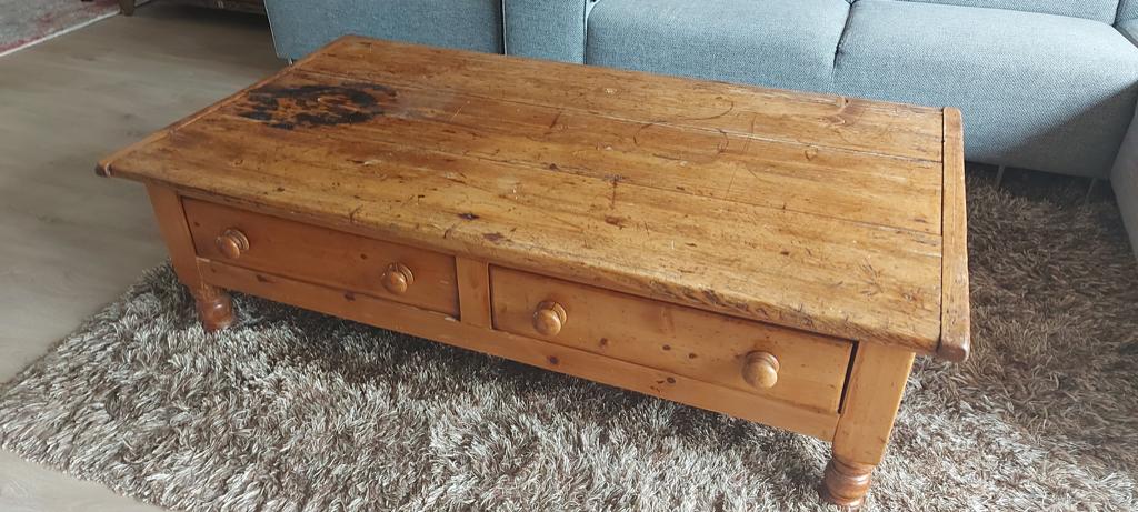 Grenen salontafel, Ophalen, Gebruikt, 100 tot 150 cm, Oud grenen