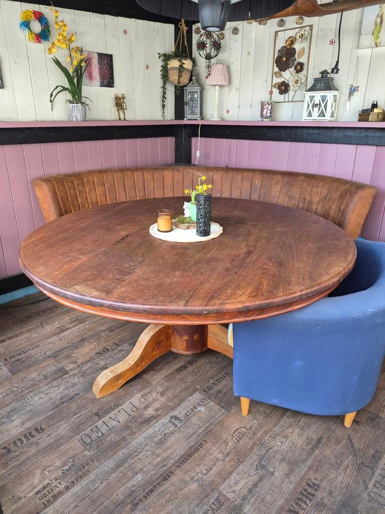 Eettafel rond teak, Ophalen, Rond, 150 tot 200 cm, 150 tot 200 cm