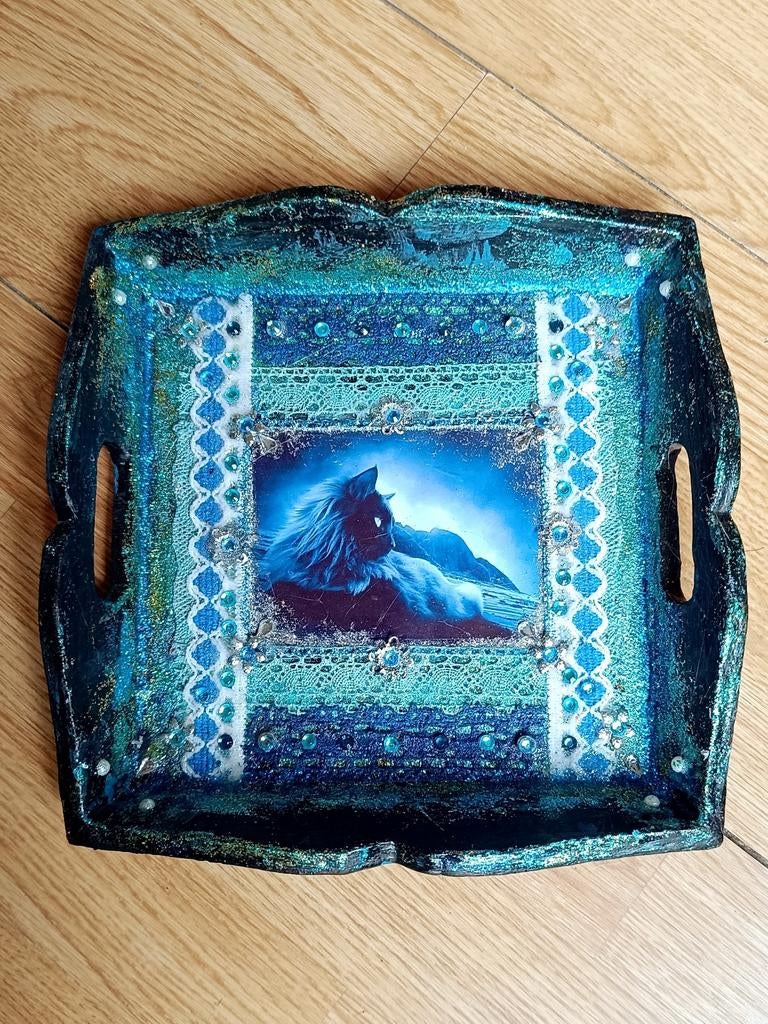 Zwarte Kat in blauw - Dienblad/Deco, Ophalen of Verzenden, Nieuw