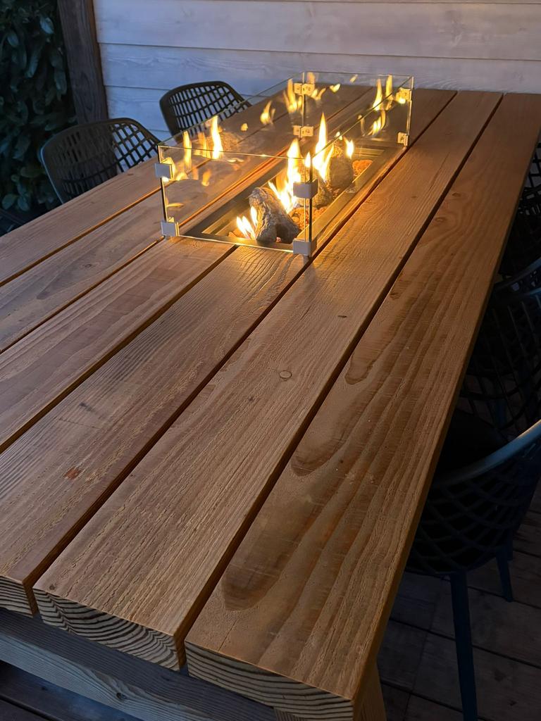 🔥Luxe vuurtafel | Robuuste Tuintafel met RVS sfeerhaard 🔥, Tuin en Terras, Ophalen, Nieuw, Rechthoekig, Hout