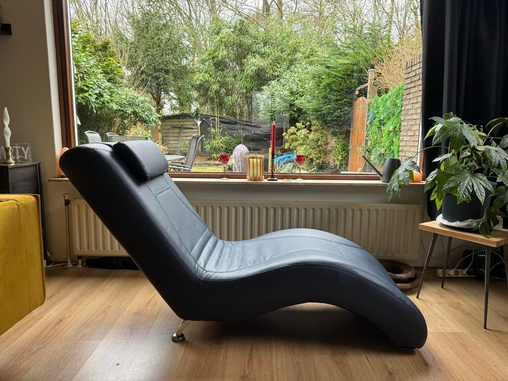 Blauwe leren chaise longue, Huis en Inrichting, Fauteuils, Ophalen, Leer, Zo goed als nieuw, 75 tot 100 cm
