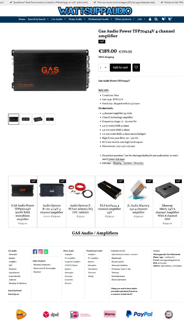 Gas Audio Power TFP70424V 4 kanaals versterker Compact 24v, Auto diversen, Autospeakers, ., Nieuw, Ophalen of Verzenden, .