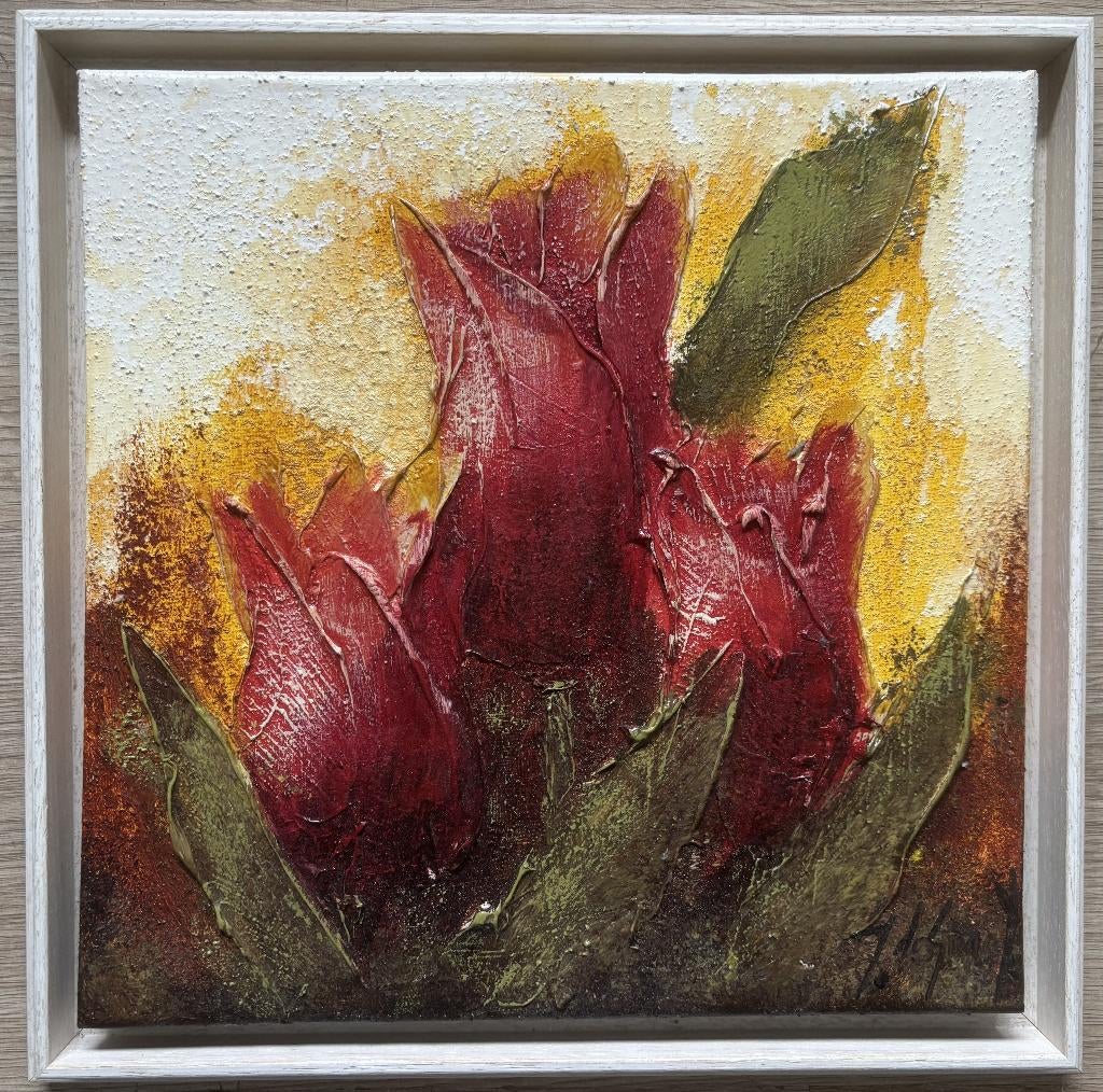 Jochem de Graaf (1954) - Abstracte voorstelling met tulpen, Antiek en Kunst, Kunst | Schilderijen | Abstract, Ophalen of Verzenden