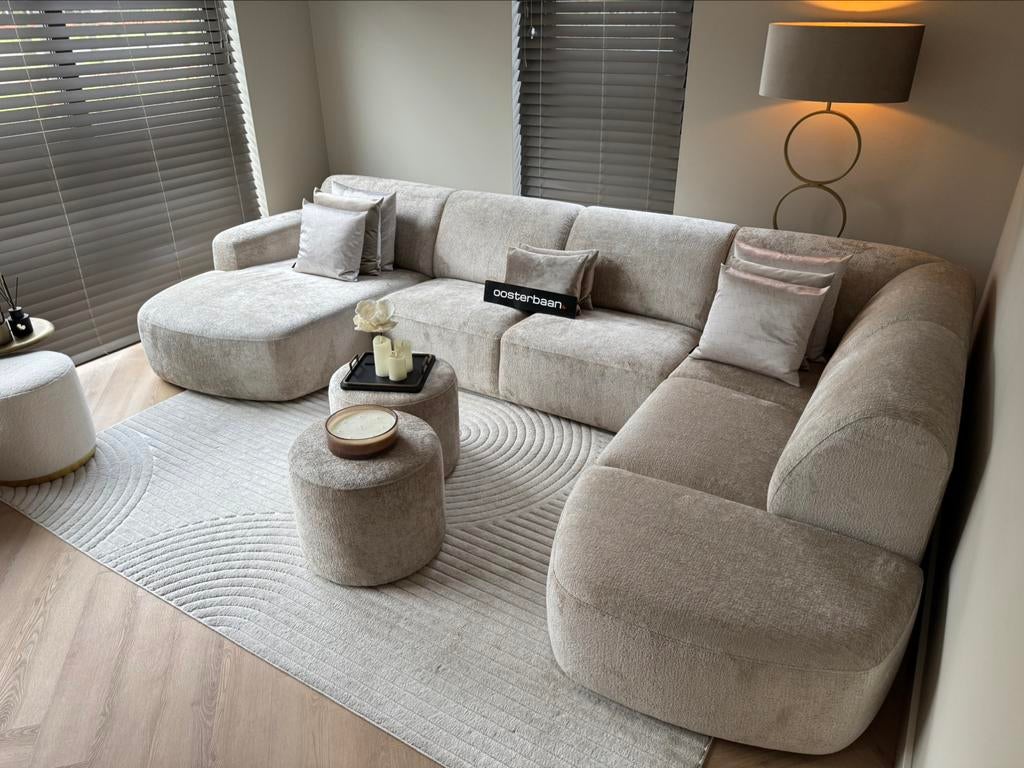 Luxe Velvet Teddy U-bank Shape 170x385x230cm Beige Sand NEW, Huis en Inrichting, Info@oosterbaanwonen.nl, Ophalen of Verzenden