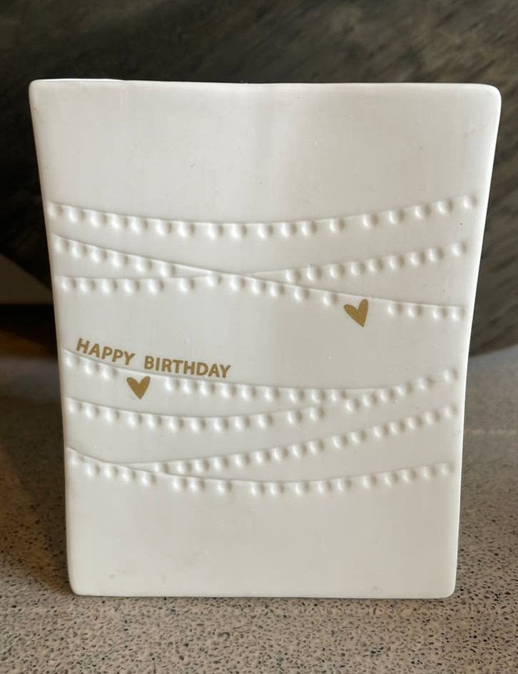 Räder porselein kandelaar happy birthday papieren zak, Huis en Inrichting, Ophalen of Verzenden, Zo goed als nieuw