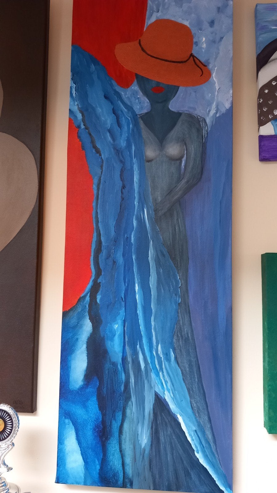 Schilderij Vrouw met Hoed - 90x30cm, Ophalen, Handgeschilderd, Textiel, Figuren