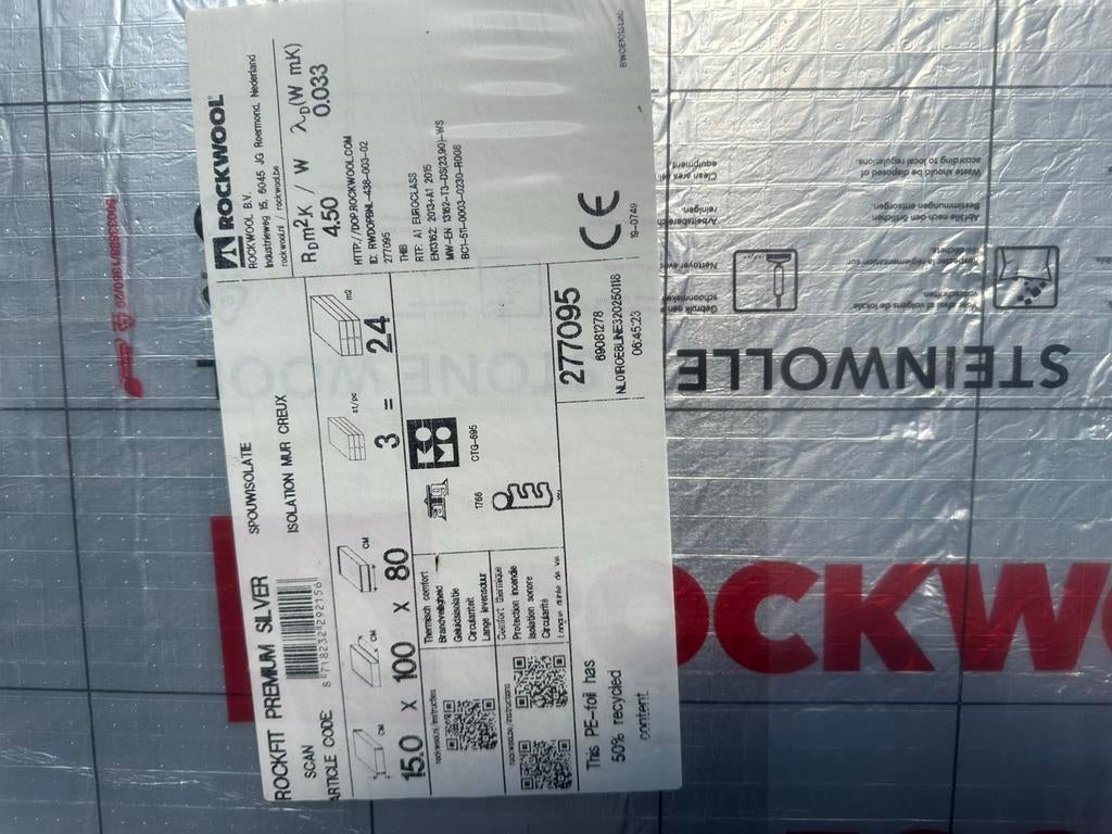 ROCKWOOL Rockfit Premium Silver Spouwmuurisolatie 150mm, Doe-het-zelf en Verbouw, Isolatie en Afdichting, Ophalen, Dakisolatie
