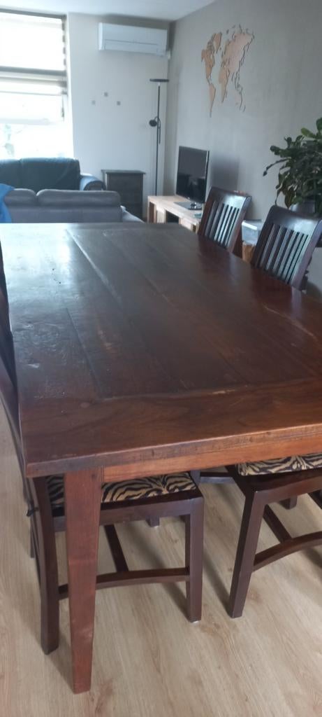 Teakhouten eettafel met 6 stoelen - 220x100 cm, Ophalen, Gebruikt, 100 tot 150 cm, Teakhout