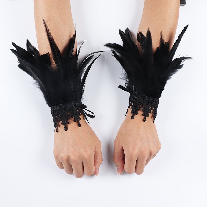 Zwarte veren dames handschoenen victoriaanse gothic showgirl, Verzenden, Nieuw, Handschoenen, Hoed of Pet