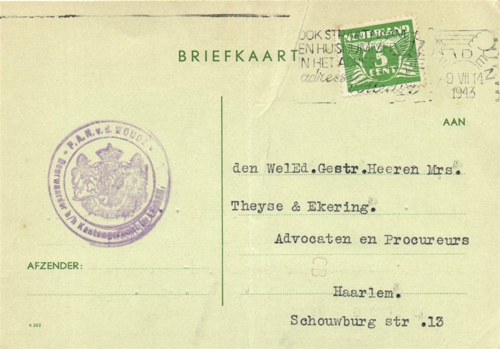 P.A.H. v.d. Woude, Leiden - 07.1943 - briefkaart, Ophalen of Verzenden, Briefkaart